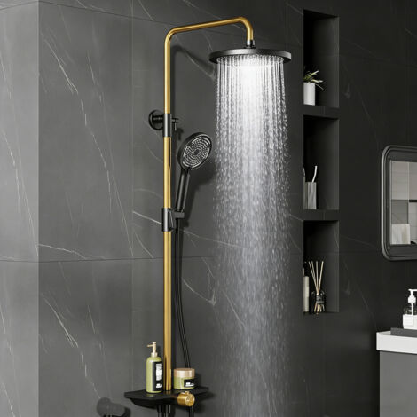 Ensemble de robinetterie de douche pour salle de bains, comprenant douchette/pomme de douche effet pluie, mural, avec étagère.AMORLY