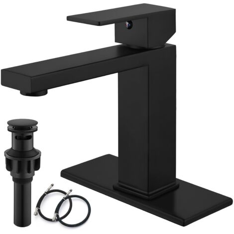 Ensemble de robinetterie de salle de bain noir mat avec bonde escamotable et robinet de lavabo à poignée unique