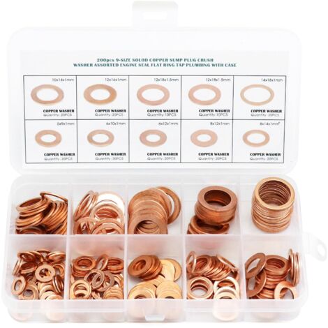 Ensemble de Rondelle Cuivre Plates M5-M14, 200 Pièces Joint Cuivre Joints Vidange Utilisé avec Boîte de Rangement, 9 Tailles (M5 M6 M8 M10 M12 M14 M16 M20)
