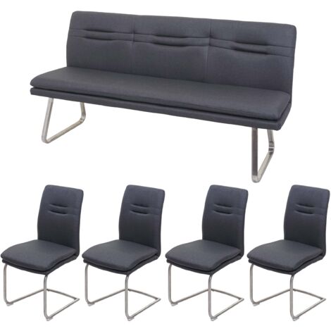 Ensemble de salle à manger 4x chaise de salle à manger et 1x banc en tissu gris foncé et acier inoxydable brossé 040006739