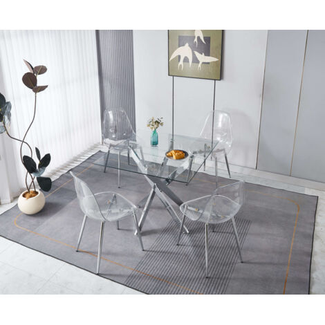 Ensemble de salle à manger 5 pièces, 1 table carrée + 4 chaises transparente, pieds de table en métal argenté