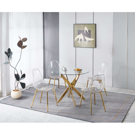 Ensemble de salle à manger 5 pièces, 1 table et 4 chaises en velours et métal doré