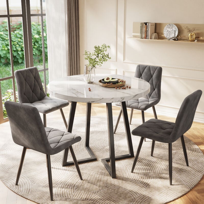 Ensemble de table à manger (5 pièces), table à manger ronde avec 4 chaises et pieds en métal noir, plateau en mdf blanc, chaises en velours gris foncé