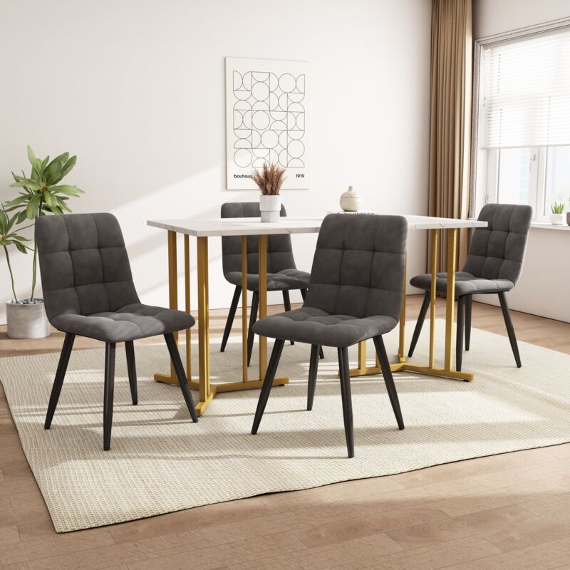 Ensemble table à manger 140x80x75 cm, structure en métal, finition marbre mdf blanc, pieds dorés, avec 4 chaises gris