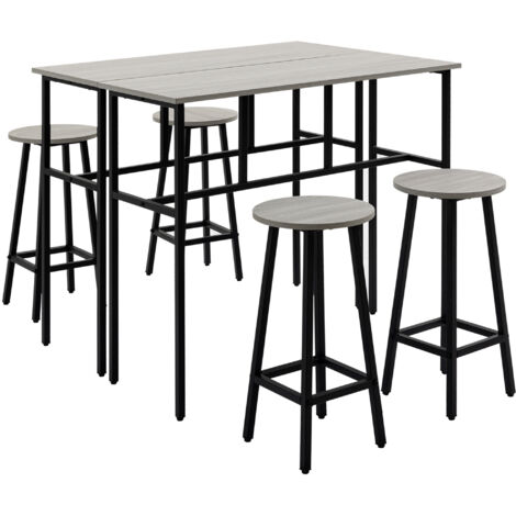 Ensemble de salle à manger 6 pièces avec 2 tables de bar et 4 tabourets de bar design industriel, en panneau de particules et acier, gris et noir
