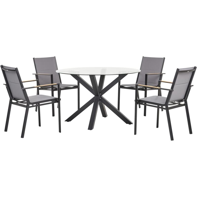 Ensemble de Salle à Manger de Jardin 4 Places en Aluminium Table Verre Transparent et Chaises Noir Maletto/Busseto
