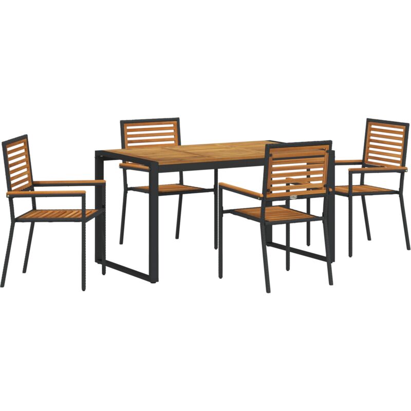 Ensemble de salle à manger de jardin 5 pièces en poly rotin noir et acacia, Chaises de jardin empilables avec coussins 2 pcs en poly rotin noir Vidaxl