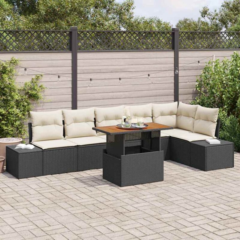 Ensemble de salle à manger de jardin 7 pièces avec coussins Noir Poly rotin Acacia Vidaxl