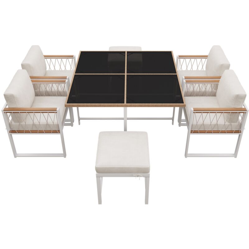 Ensemble de salle à manger de jardin 7 pièces, pour 6 personnes, table en verre trempé avec revêtement en rotin synthétique, plateau en bois