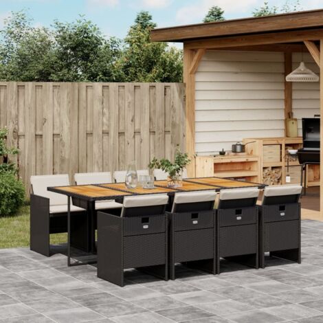 Ensemble de salle à manger de jardin 9 pièces avec coussins en résine tressée noire, table et chaises pliantes, matériau durable
