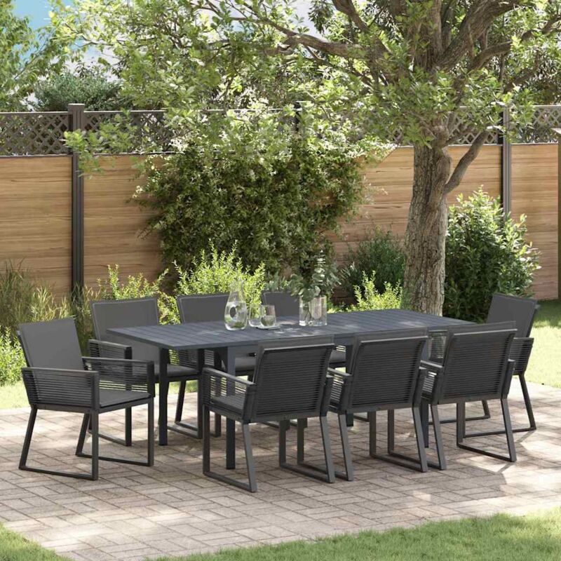 Ensemble de salle à manger de jardin 9 pièces avec coussins noir poly rotin, Table de jardin extensible anthracite (140-210)x90x73 cm acier vidaXL