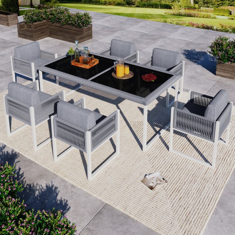 Ensemble de salle à manger de jardin, avec 6 fauteuils, 1 table, coussins et dossiers hauts, en verre trempé, en cordon élastique - Gris