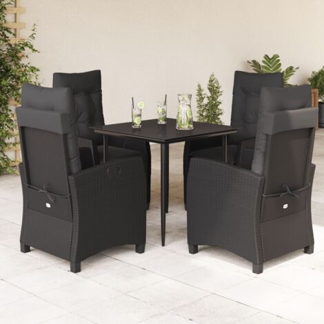Ensemble de salle à manger de jardin en résine tressée noir, 5 pièces avec coussins, table 80x80 cm et chaises inclinables