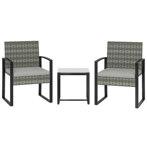 Ensemble de salle à manger en rotin trois pièces : 2 chaises + 1 table basse, coussins d'assise gris amovibles.