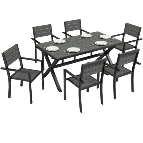 Ensemble de Salle à Manger Extérieur 7 Pièces pour 6 Personnes. Table et Chaises Empilables avec Lattes Effet Bois. Cadre en Aluminium. Gris