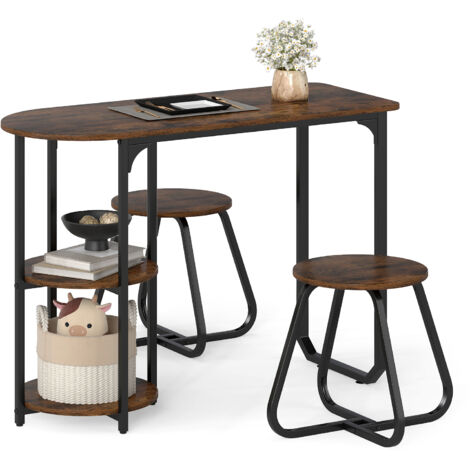 Ensemble de Salle à Manger Industriel 3 PCS, Table de Cuisine en Bois et Métal & 2 Tabourets avec Étagères de Rangement, Gain de Place, Marron