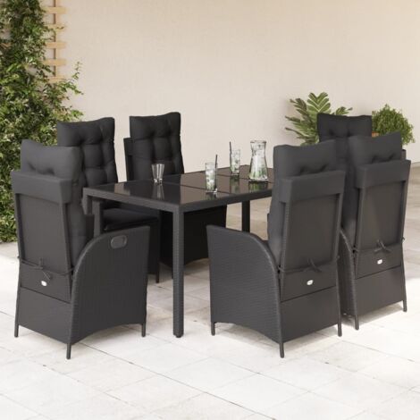 Ensemble de Salle à Manger Jardin 7 Pièces Noir - Table 150x90cm + 6 Chaises en Résine Tressée avec Coussins Lavables et Verre Trempé