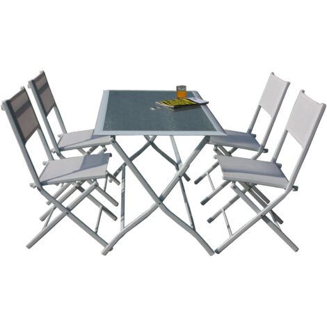 Ensemble de salle a' manger pliant Astro en acier blanc avec table en verre et quatre chaises pour jardin exte'rieur