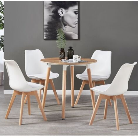 Ensemble de salle à manger rond Halo Lorenzo - une table à manger en bois de chêne et un ensemble de 4 chaises de salle à manger en polypropylène blanc - Salle à manger et cuisine