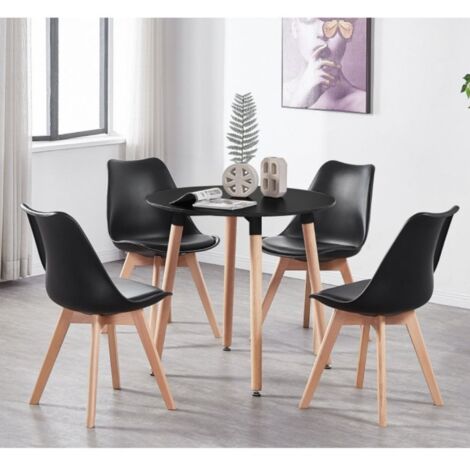 PN HOME Table Noire Ronde + 4 Chaises Scandinaves Noires - Ensemble pour Salle à Manger ou Cuisine