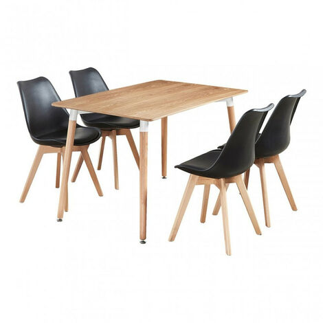PN HOME Ensemble de salle à manger scandinave rétro et moderne de 5 pièces - une table de salle à manger Halo en chêne et des chaises de salle à manger noires Ensemble de 4
