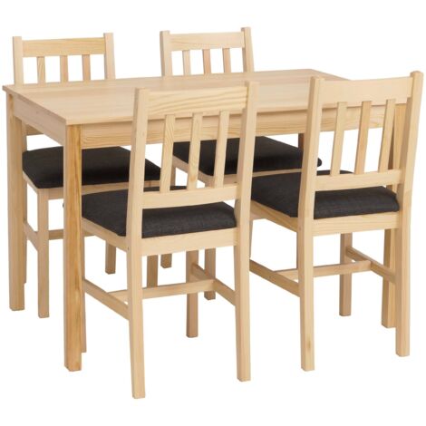 Ensemble de salle à manger style maison de campagne bois massif de pin avec assises rembourrées finition naturelle coussins noirs 040009062