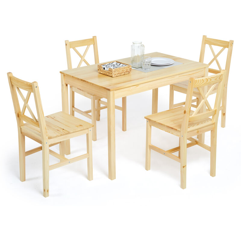 Ensemble de Salle à Manger, Table à Manger et 4 Chaises, Bois Massif, Style Classique, Pour Salle à Manger, Cuisine, Couleur Bois-Meerveil