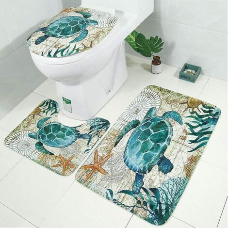 Ensemble de salle de bain 3 pièces à motif animal marin, tapis de bain antidérapant et doux, housse de protection WC.