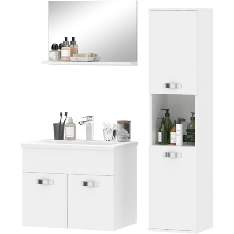 Ensemble de Salle de Bain 4 Pièces, Blanc, Mural, avec Miroir, Meuble Vasque, Lavabo et Armoire Haute