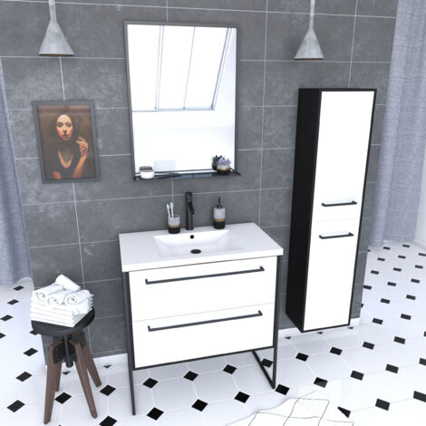 ensemble de salle de bain 80 cm blanc finition noir + vasque blanche+ miroir + colonne de rangement