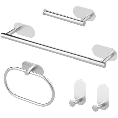 Ensemble de salle de bain argenté 5 pièces avec porte-serviettes et distributeur de papier toilette, acier inoxydable
