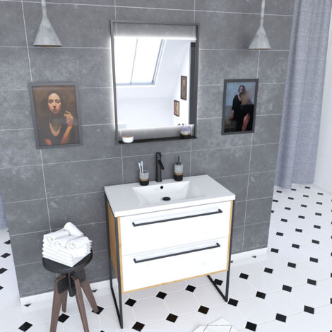 ensemble de salle de bain blanc 80cm+ vasque en resine blanche 80x50 + tiroirs blanc mat + mirroir