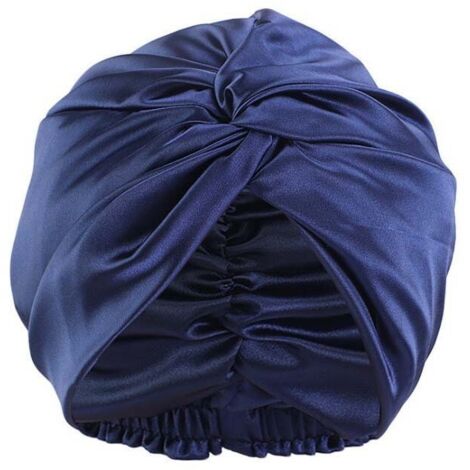 Ensemble de salle de bain, bonnet de sommeil en soie pour cheveux frisés, bonnet de sommeil en soie, se fixe sur la tête (Bleu foncé)