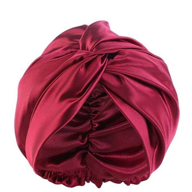 Ensemble de salle de bain, bonnet de sommeil en soie pour cheveux frisés, bonnet de sommeil en soie, se fixe sur la tête (Rouge foncé)