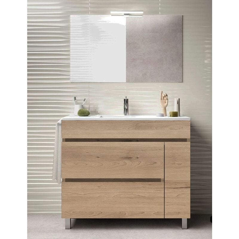 Ensemble de salle de bain Caprera 2 tiroirs et une porte - 9 couleurs différentes - 15 dimensions - Avec meubles, lavabo et miroir - Sable 90x45Cm
