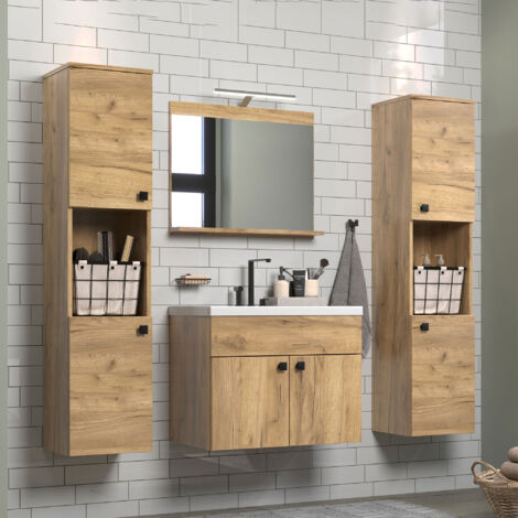 Ensemble de salle de bain colonnes + meuble sous-lavabo + miroir chêne