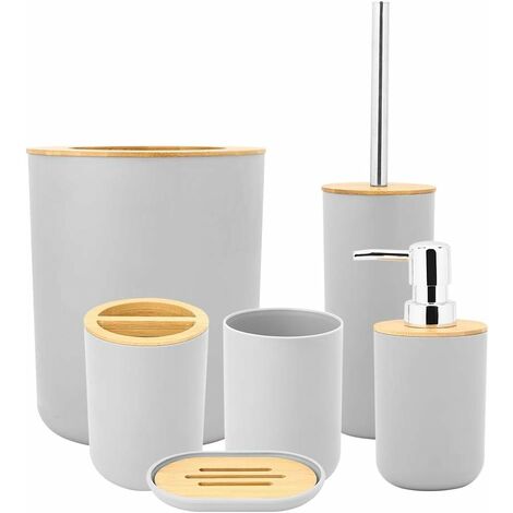 Ensemble de salle de bain et de toilette Distributeur de savon Porte-savon Poubelle Brosse de toilette avec support Plastique et bambou