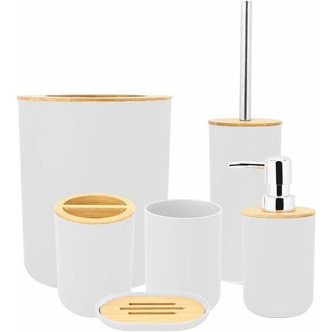 Ensemble de salle de bain et de toilette Distributeur de savon Porte-savon Poubelle Brosse de toilette avec support Plastique et bambou