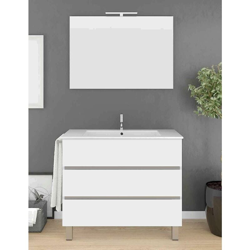 Allstone - Ensemble de salle de bain Imperia 3 tiroirs – 10 couleurs différentes – 15 dimensions – Meuble, lavabo et miroir – Blanc 80x40Cm