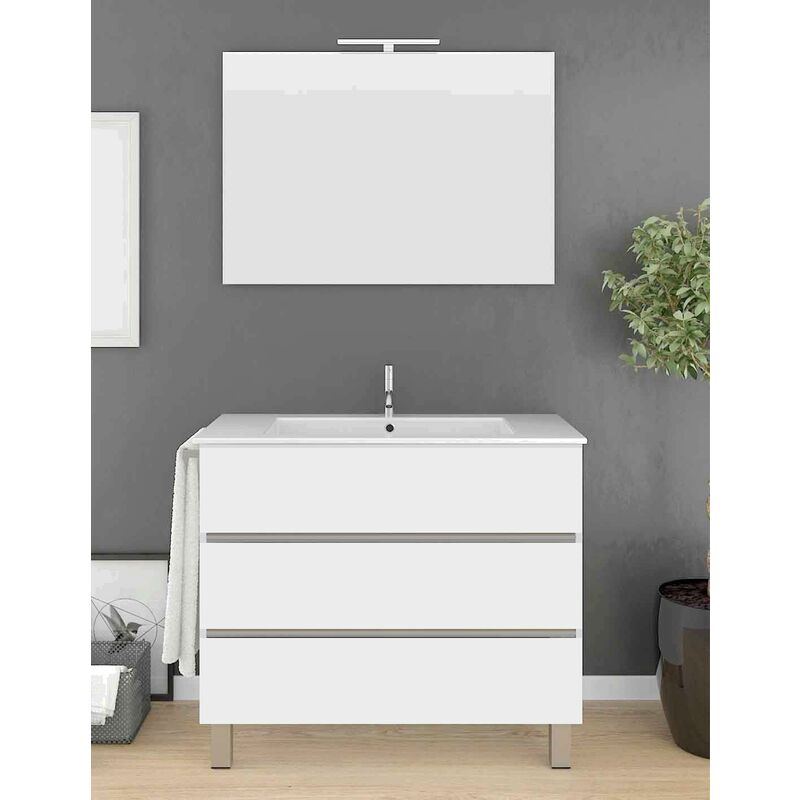 Allstone - Ensemble de salle de bain Imperia 3 tiroirs – 10 couleurs différentes – 15 dimensions – Meuble, lavabo et miroir – Blanc 80x45Cm