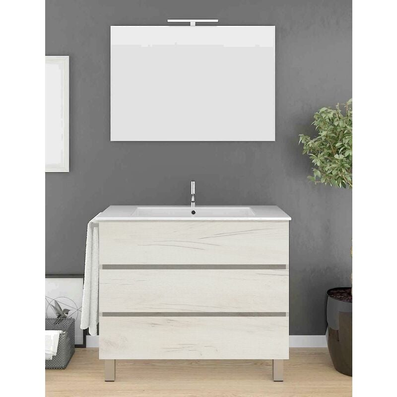 Allstone - Ensemble de salle de bain Imperia 3 tiroirs – 10 couleurs différentes – 15 dimensions – Meuble, lavabo et miroir – Blanc Nordique 60x35Cm