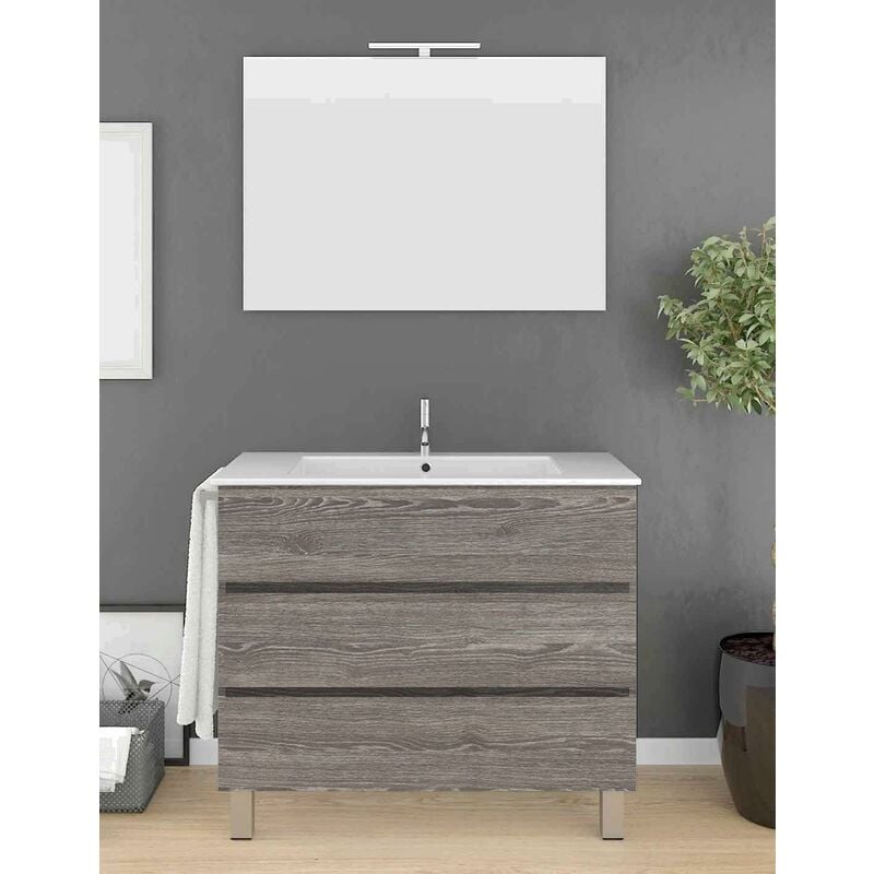 Allstone - Ensemble de salle de bain Imperia 3 tiroirs – 10 couleurs différentes – 15 dimensions – Meuble, lavabo et miroir – Chêne Smoky 120x45Cm 1
