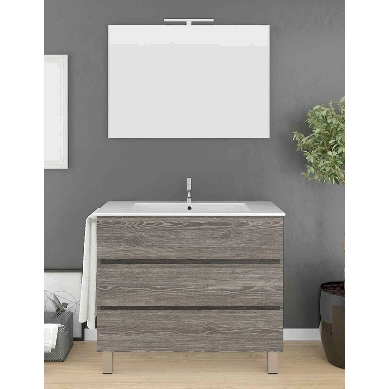 Allstone - Ensemble de salle de bain Imperia 3 tiroirs – 10 couleurs différentes – 15 dimensions – Meuble, lavabo et miroir – Chêne Smoky 70x45Cm