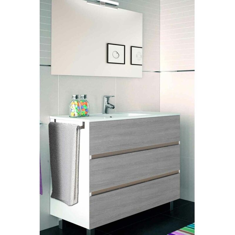 Ensemble de salle de bain Imperia 3 tiroirs – 10 couleurs différentes – 15 dimensions – Meuble, lavabo et miroir – Combi (Blanc et Smoky) 50x40Cm