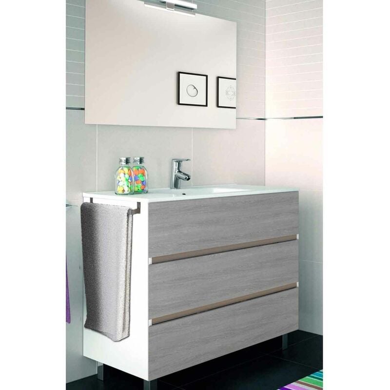 Ensemble de salle de bain Imperia 3 tiroirs – 10 couleurs différentes – 15 dimensions – Meuble, lavabo et miroir – Combi (Blanc et Smoky) 120x45Cm 2