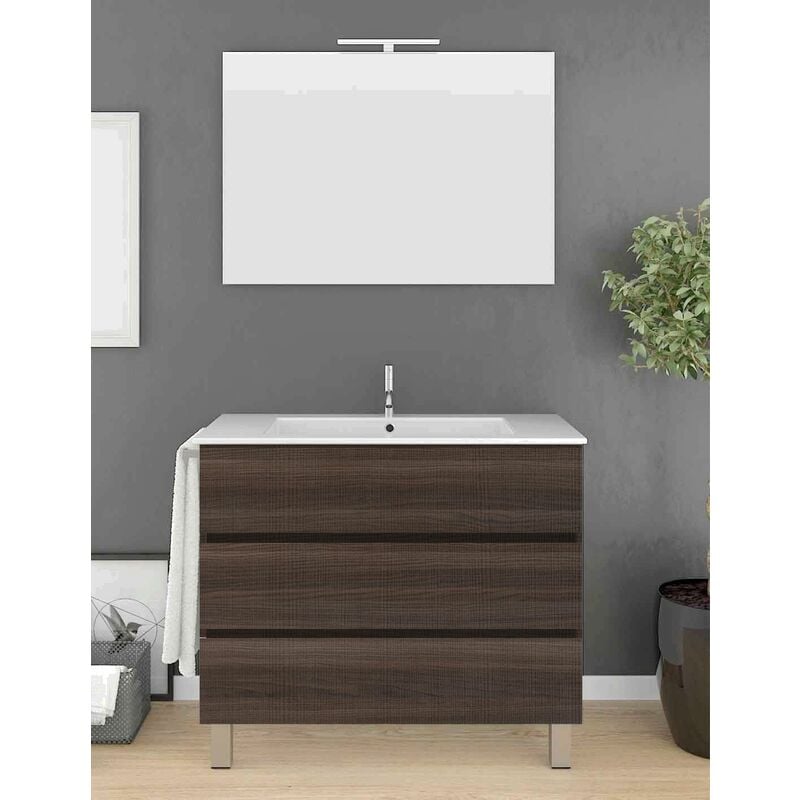 Allstone - Ensemble de salle de bain Imperia 3 tiroirs – 10 couleurs différentes – 15 dimensions – Meuble, lavabo et miroir – Fresne tea 80x45Cm