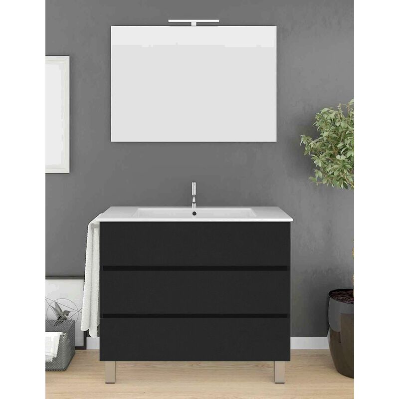 Allstone - Ensemble de salle de bain Imperia 3 tiroirs – 10 couleurs différentes – 15 dimensions – Meuble, lavabo et miroir – Graphite 90x45Cm