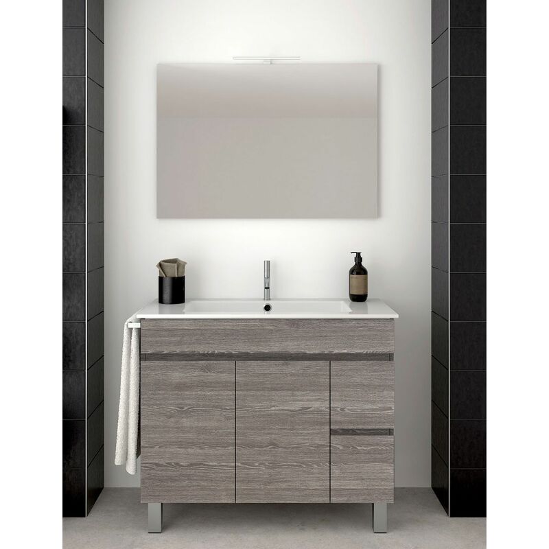 Allstone - Ensemble de salle de bain Isquia 2 tiroirs et deux portes – 7 couleurs différentes – 15 dimensions – Meuble, lavabo et miroir – Chêne