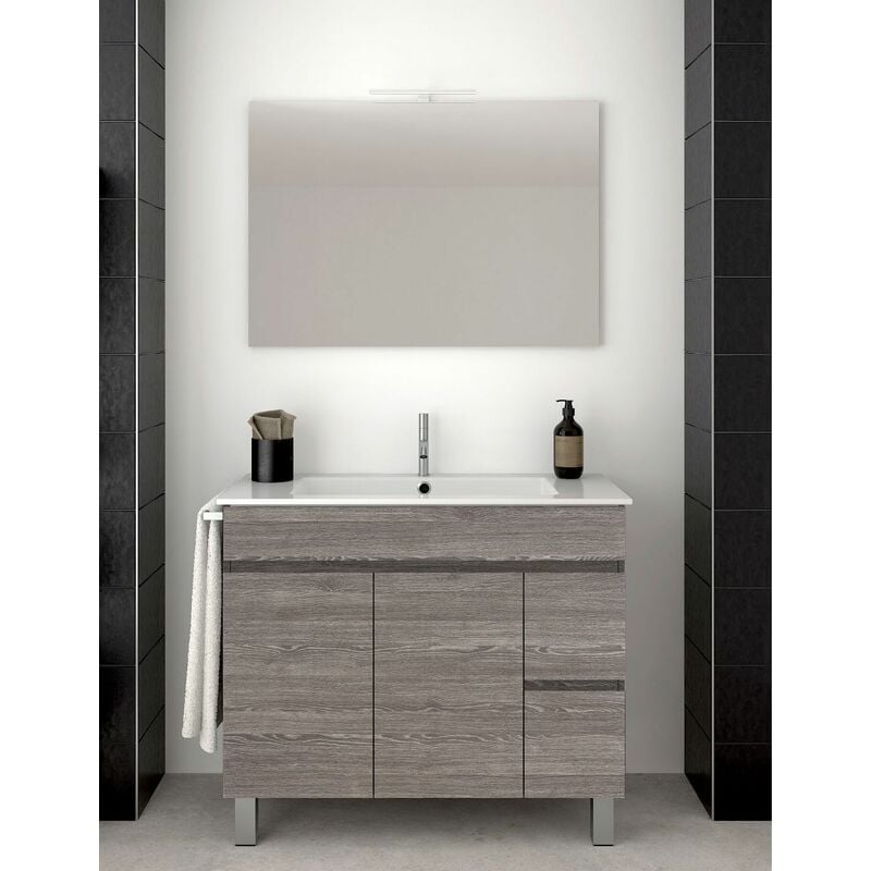Allstone - Ensemble de salle de bain Isquia 2 tiroirs et deux portes – 7 couleurs différentes – 15 dimensions – Meuble, lavabo et miroir – Chêne