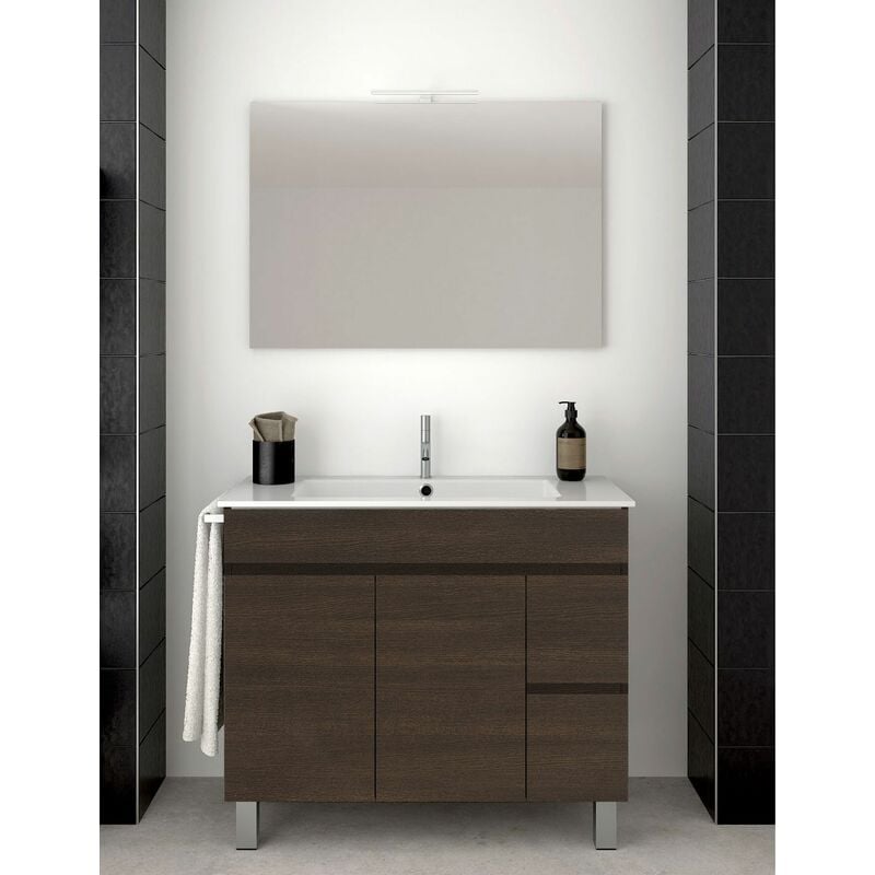 Allstone - Ensemble de salle de bain Isquia 2 tiroirs et deux portes – 7 couleurs différentes – 15 dimensions – Meuble, lavabo et miroir – Fresne tea
